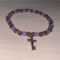 Purple Brown Silver Stretch Beaded Charm Bracelet Dangle Cross Religious