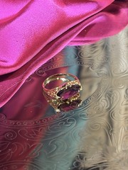 Gold Tone Cocktail Ring Size 7 Marquise Purple Stone Prong Set Signed