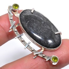 Silver Sheen Obsidian & Peridot 925 Sterling Silver Pendant 2.0″ T1