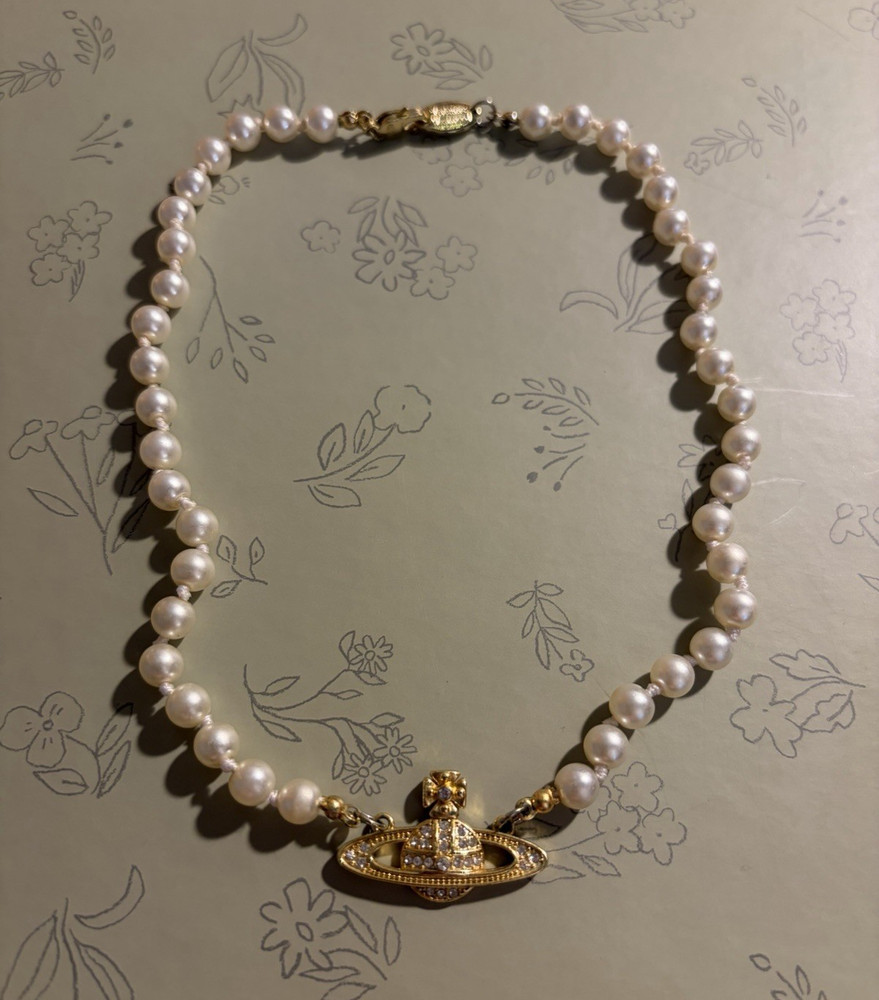 Vivienne Westwood Signed Pearl Bead Necklace Gold-Plated Orb Charm Crystal