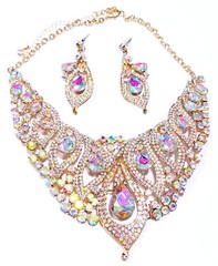 AB Statement Necklace Earring Crystal Rhinestone Bridal Pageant Prom Jewelry