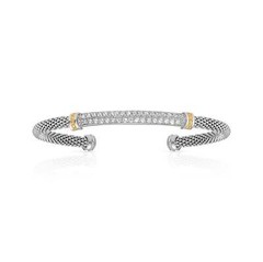 925 Solid Sterling Silver Italian Popcorn Chain Bangle Cuff Bracelet With CZ Bar