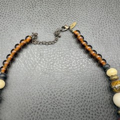 NY Necklace Beaded Statement Chunky Red Gold Cream Brown Floral Beads 16 Inch