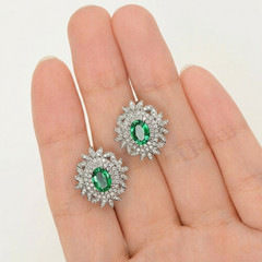 Green Oval CZ Stone 925 Silver Double Halo Leaf Inspire Engagement Stud Earrings