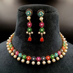 Long Navratan Necklace Set 22K Gold Plated Traditional Multi Gemstone Jewelry