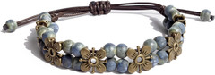 Boho Double Layered Ceramic Beads Bracelet with Copper Flower Charm, Adjustable