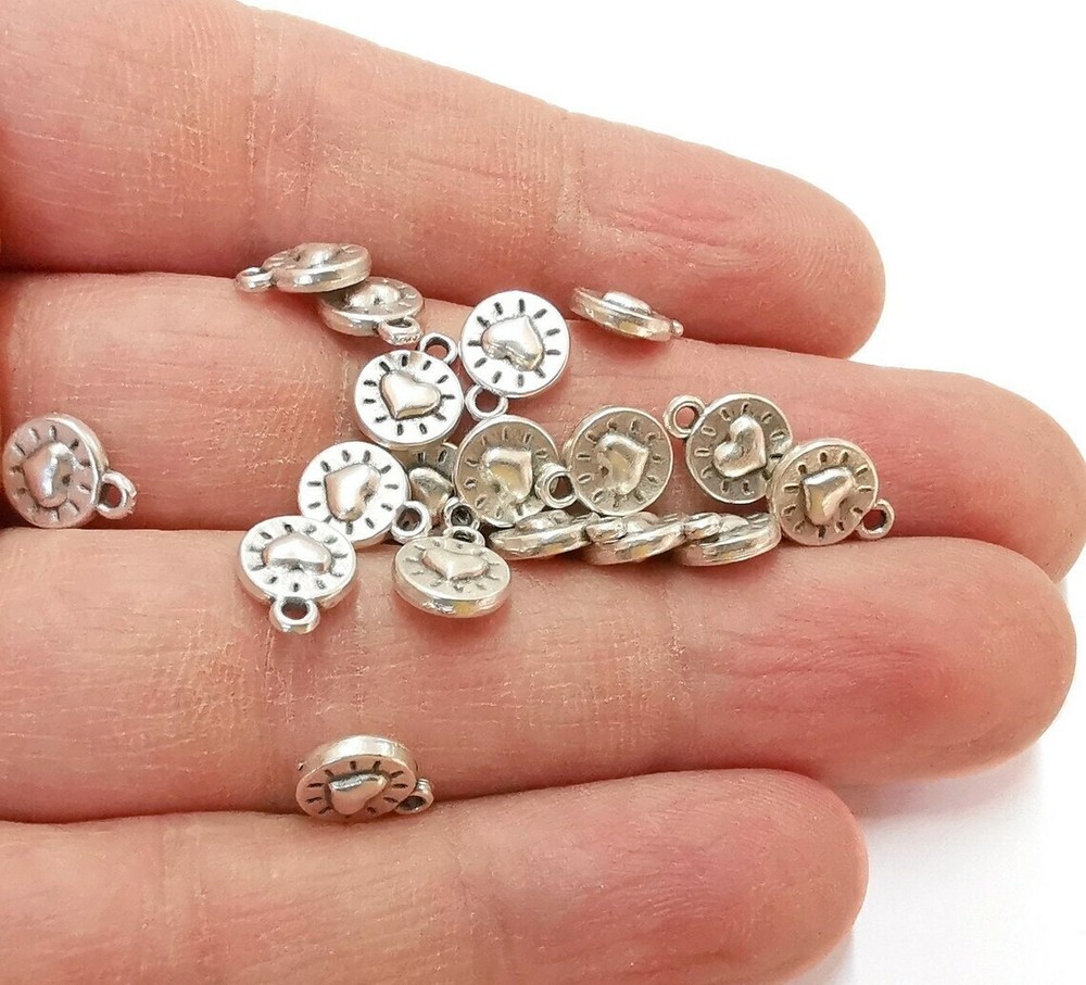 10 Heart Charms Double Sided (Both Side Same) Antique Silver Plated G21341