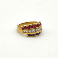 Gold Vermeil Sterling Silver Red White Blue Channel Set Triple Row Ring Size 10