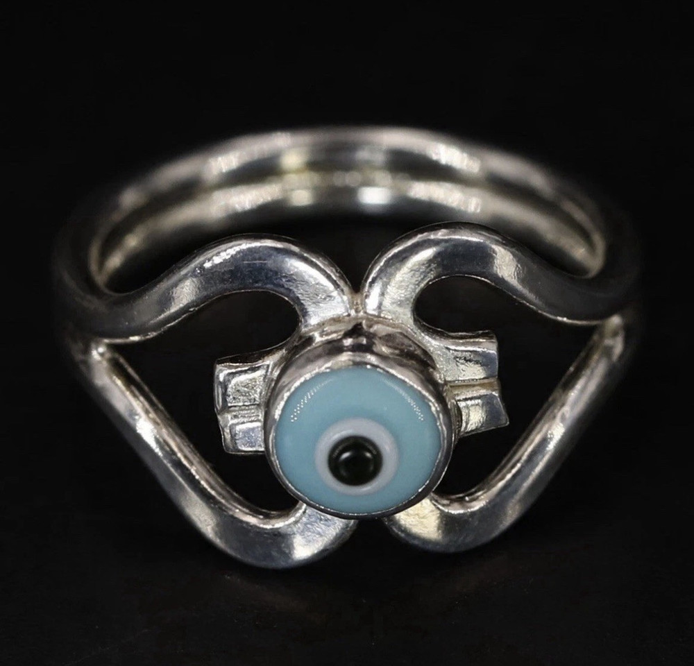 Sterling Silver .925 Signed Evil Eye Light Blue/White/Black Glass Ring •
