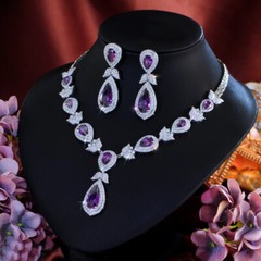 Silver Plated CZ Purple Dangling Drop Leaf Necklace Earrings Pageant Jewelry Set