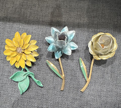 3pc Enamel Flower Brooch Pin Lot, Metal Clear Rhinestone, Yellow Blue White