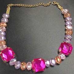 Gold Tone Cable Chain Statement Necklace Pink & Purple Octagon Crystals Lobster