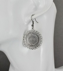 Silver stamped medallion dangle disc 1.75″ long earrings lightweight antiqued