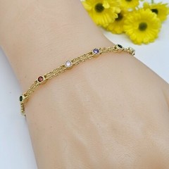 14K Gold Plated Double Chain Multicolor CZ Bracelet for Women. Green Purple Red