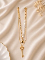 Gold Tone Layered Cable Chain Necklace w/ Key Charm Pendant & White Pearl