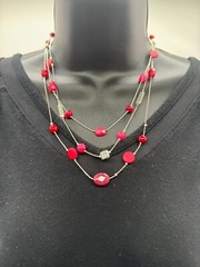 The Limited Red Beaded Layered Necklace Thin Silver Tone Chain Three Strand