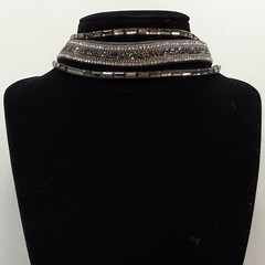 Rhinestone Statement Choker Necklace Silver Vegan Suede Gray Wrap Jewelry 16.5in