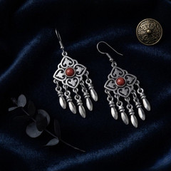 Silver Tone Metal Asymmetrical Dangle Drop Hook Earrings Red Round Cabochon