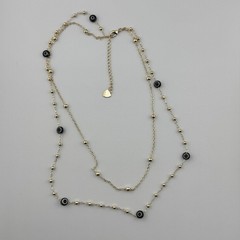 Gold Tone Double Layer Evil Eye Bead Necklace Black Accents Adjustable Clasp