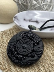 Jade Obsidian Dragon Charm Pendant Necklace Beads Cord Handmade Tai Chi diagram