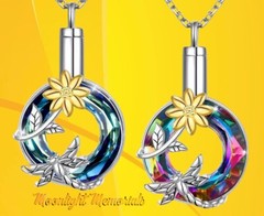 New Dragonfly Flower Crystal Glass Cremation Urn Ashes Memorial Necklace