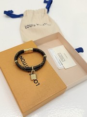 Louis Vuitton Monogram Brown Leather Wrap Bracelet Gold Padlock Charm Signed