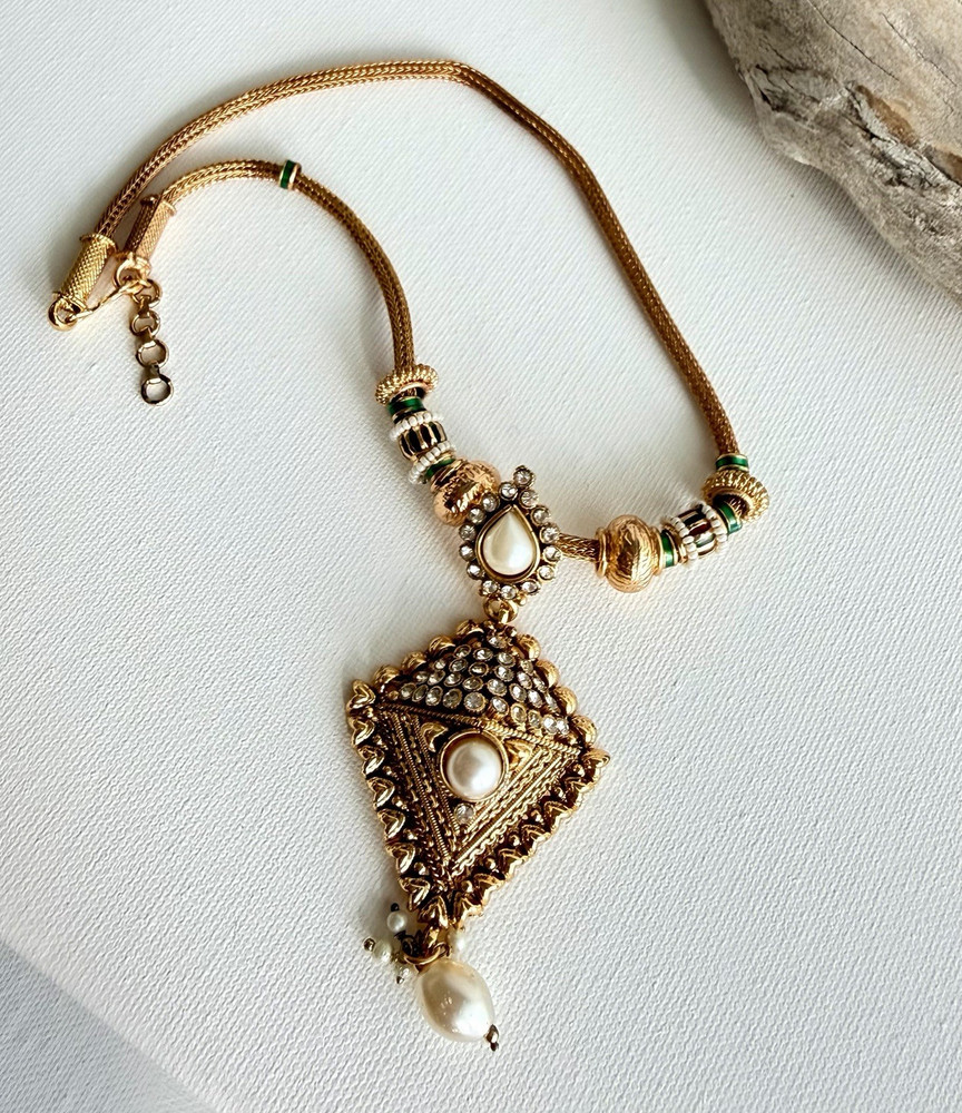 Gold Tone Snake Chain Necklace Diamond Charm Pendant Faux Pearl & Crystal