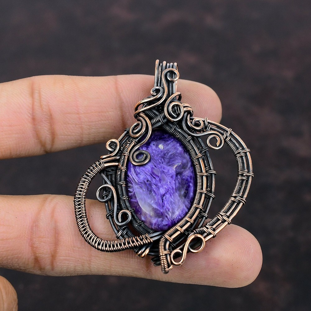Russian Charoite Wire Wrapped Pendant Handcrafted Copper Gift 2.56″