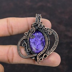 Russian Charoite Wire Wrapped Pendant Handcrafted Copper Gift 2.56″