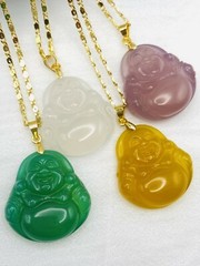 Jade Smiling Buddha Pendant Charm Necklace W/ 18K Gold Plated Chain Handmade