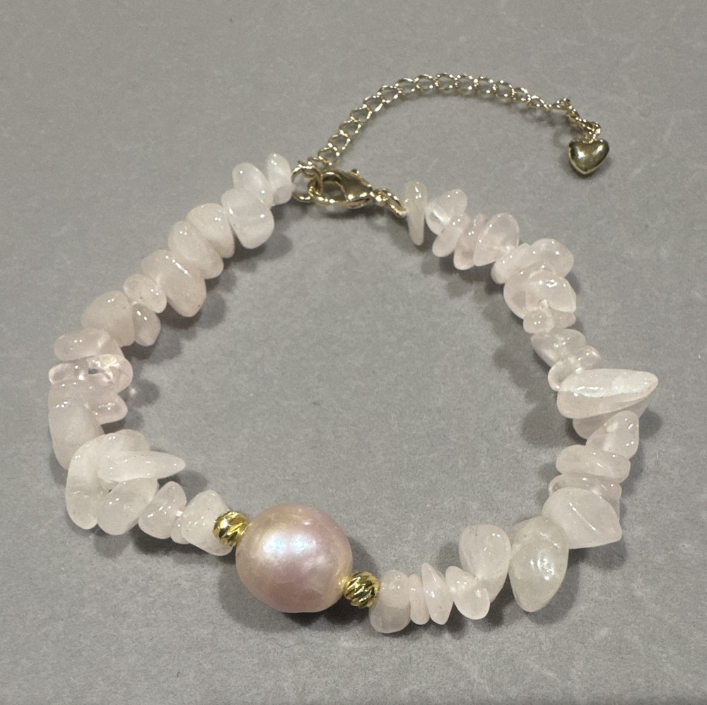 Rose Quartz Chip Bead Charm Bracelet Freshwater pearl Adjustable Cable Chain