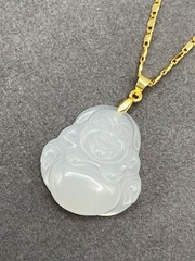 Jade Smiling Buddha Pendant Charm Necklace W/ 18K Gold Plated Chain Handmade
