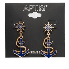APT. 9 Nautical Anchor Drop Fashion Earrings Blue Enamel Gold Tone Ship Wheel
