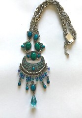 Fashion Necklace- silver tone – oval stones crystals Green blue intricate desigN