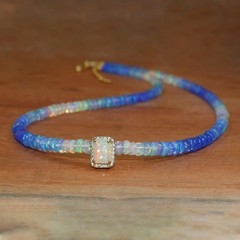 Blue Shaded Opal Smooth Bead Charm Necklace, Genuine Octagon Opal Charm Necklace