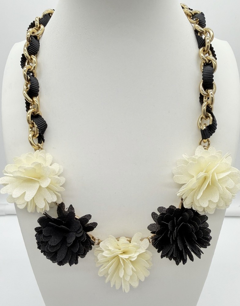 Talbots Black Ivory Floral Statement Necklace Gold Tone Chain Grosgrain Ribbon