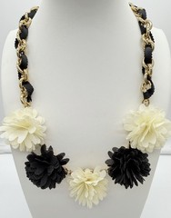 Talbots Black Ivory Floral Statement Necklace Gold Tone Chain Grosgrain Ribbon