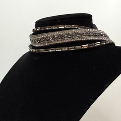Rhinestone Statement Choker Necklace Silver Vegan Suede Gray Wrap Jewelry 16.5in