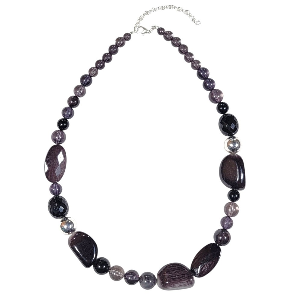 Smoky Black Gray Chunky Beaded Statement Necklace 23-26″ Silver Tone Eclectic