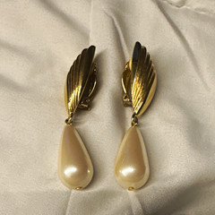Vintage Givenchy Wing Clip-On Dangle Earrings Faux Pearl Drops