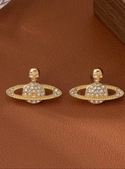 Celestial Crystal Statement Earrings, Saturn, Orb, Skull Accents Gold Pair