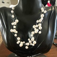 White Layered Multi Strand Faux Pearl Bead Statement Necklace 17” total.