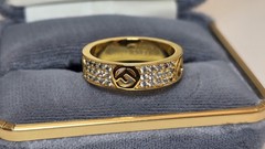 Fendi FF Logo Ring Gold Tone Pave Crystal Band Size 8.5 Made In Italy