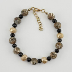 Black Brown Gold Tone Round Beaded Bracelet 7in Adjustable Lobster Gift for Her
