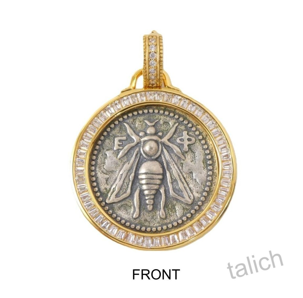 18K Gold Plated Sterling Silver Baguette Cut CZ Bee Coin Pendant Double Sided