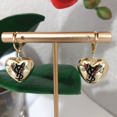 Auth. YVES SAINT LAURENT YSL LOGO Drop Heart Dangle EARRINGS Gold Tone