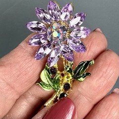 Purple Rhinestone Flower Pin Brooch Green Enamel Leaves Vintage Inspired
