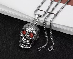 Vintage Gothic Sugar Skull With Red Rhinestone Eyes Punk Rock Necklace