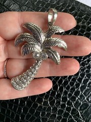 Rhinestone Palm Tree Pendant Silvertone Clear Crystals Coconut Palm Tropical