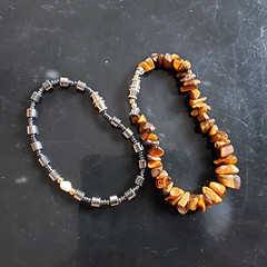 2pc Beaded Bracelets Stackable Tiger’s Eye Chip Brown & Black Beads